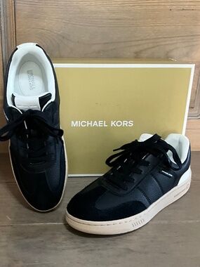 Michael Kors Kai Lace Up Sneakers Black Faux Leather NIB Women's 9.5